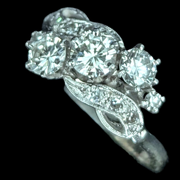 1950s Vintage Diamonds White Gold Three Stone Dinner Ring Estate Jewelry Gift