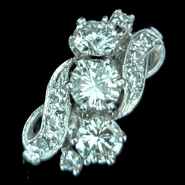1950s Vintage Diamonds White Gold Three Stone Dinner Ring Estate Jewelry Gift