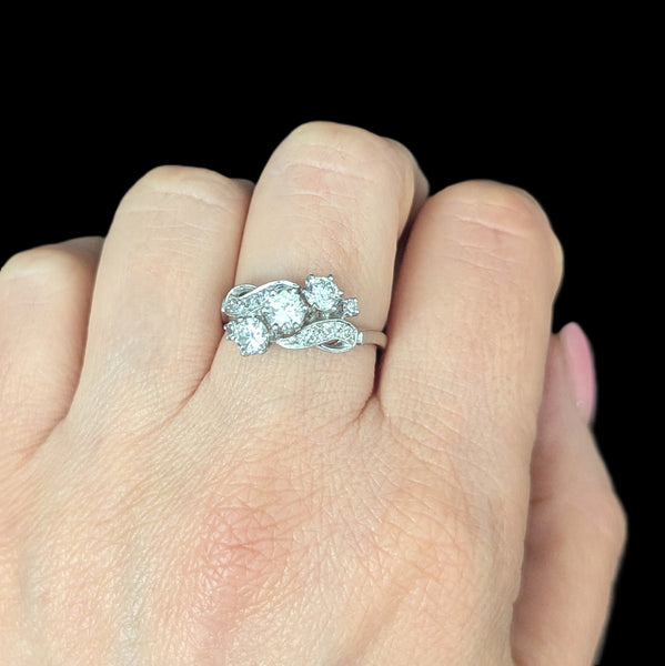 1950s Vintage Diamonds White Gold Three Stone Dinner Ring Estate Jewelry Gift