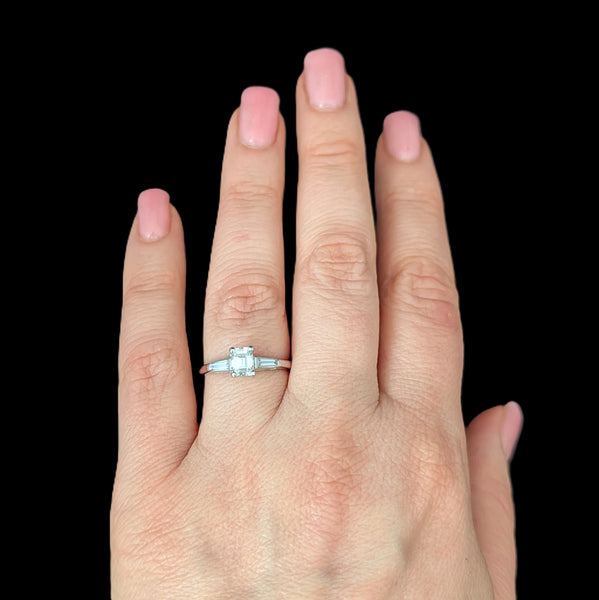 1950s Vintage Emerald & Baguette Cut Diamonds Platinum Engagement Ring Retro 