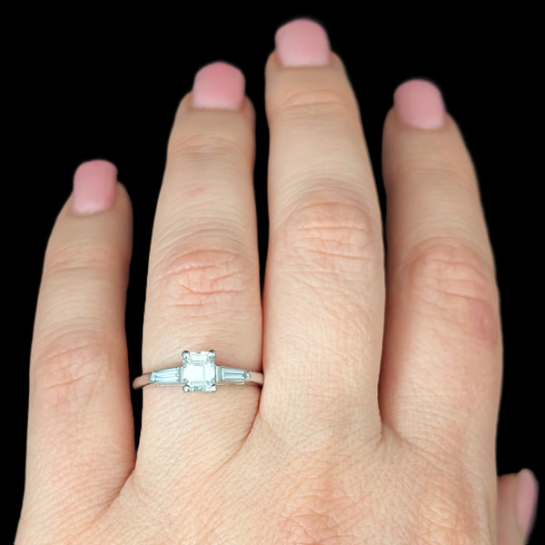 1950s Vintage Emerald & Baguette Cut Diamonds Platinum Engagement Ring Retro 