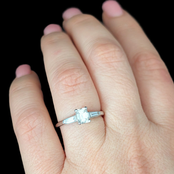 1950s Vintage Emerald & Baguette Cut Diamonds Platinum Engagement Ring Retro 