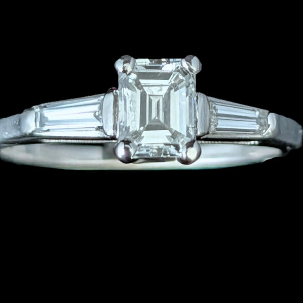 1950s Vintage Emerald & Baguette Cut Diamonds Platinum Engagement Ring Retro 