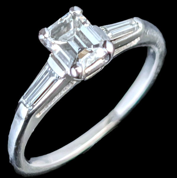 1950s Vintage Emerald & Baguette Cut Diamonds Platinum Engagement Ring Retro 