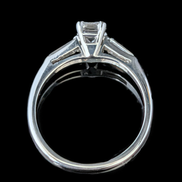 1950s Vintage Emerald & Baguette Cut Diamonds Platinum Engagement Ring Retro 