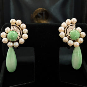 1950s Diamonds Jade Pearls 14k White Gold Earrings Drop Dangle Vintage Unpierced