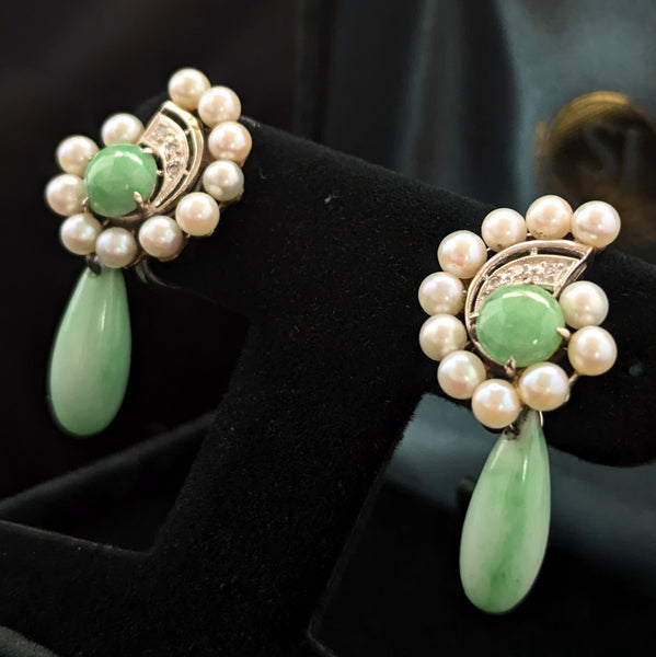 1950s Diamonds Jade Pearls 14k White Gold Earrings Drop Dangle Vintage Unpierced