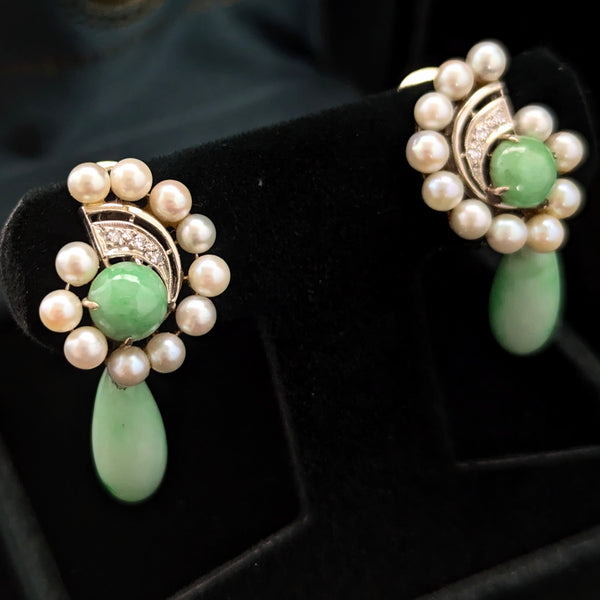 1950s Diamonds Jade Pearls 14k White Gold Earrings Drop Dangle Vintage Unpierced