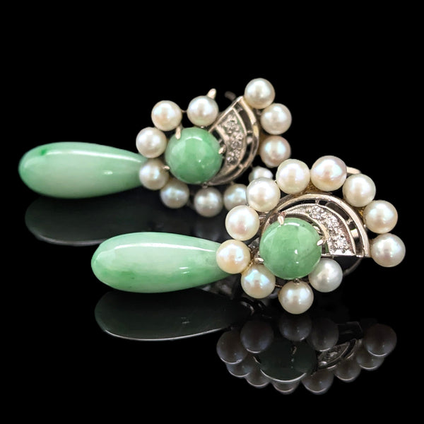 1950s Diamonds Jade Pearls 14k White Gold Earrings Drop Dangle Vintage Unpierced