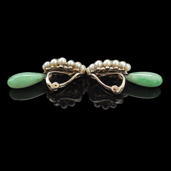 1950s Diamonds Jade Pearls 14k White Gold Earrings Drop Dangle Vintage Unpierced