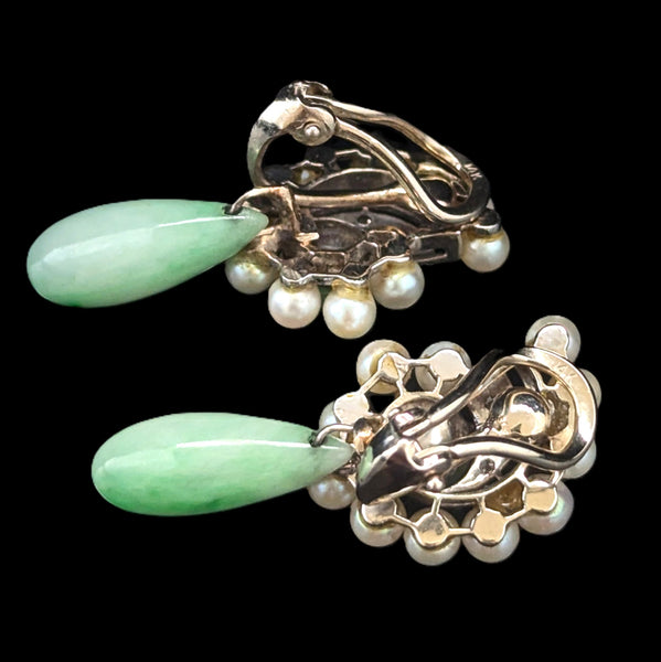 1950s Diamonds Jade Pearls 14k White Gold Earrings Drop Dangle Vintage Unpierced
