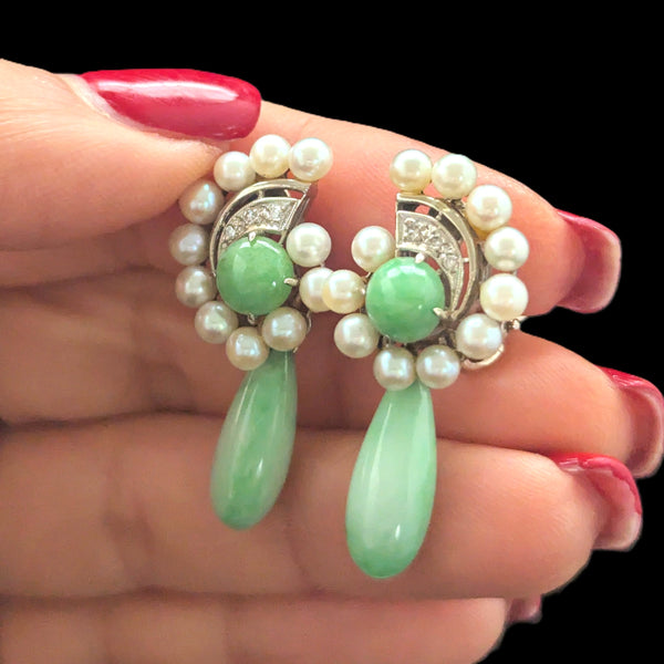 1950s Diamonds Jade Pearls 14k White Gold Earrings Drop Dangle Vintage Unpierced