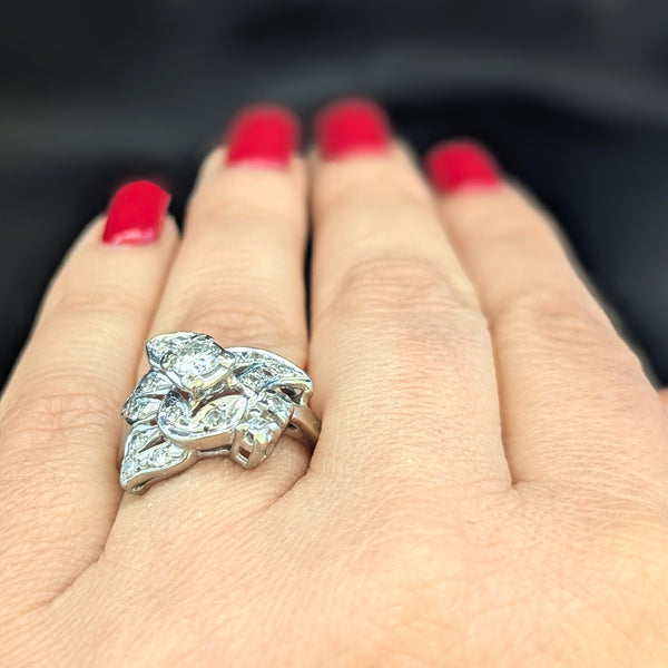 1950s Natural Diamonds 14k White Gold Statement Ring Retro Vintage Estate Jewelry