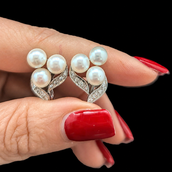 1950s Vintage Diamonds Pearls 14k White Gold Earrings Retro Non Pierced Screws