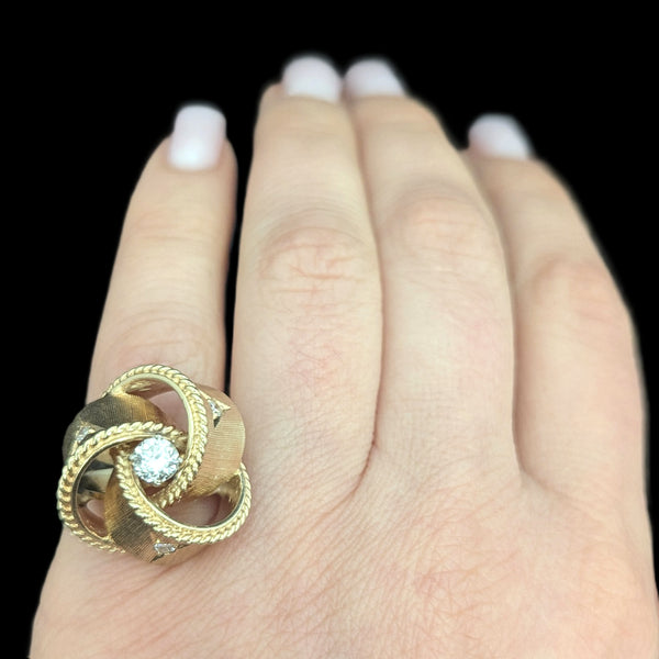 1960s Diamond Yellow Gold Knot Cocktail Ring Vintage Retro Mid Century Estate