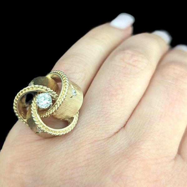 1960s Diamond Yellow Gold Knot Cocktail Ring Vintage Retro Mid Century Estate