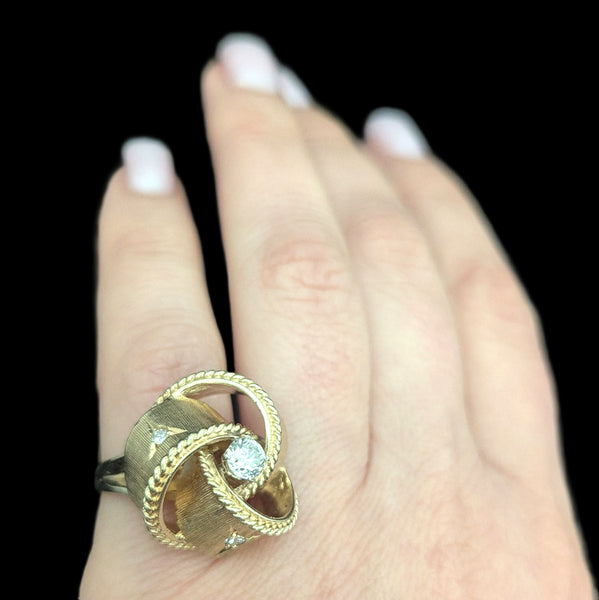 1960s Diamond Yellow Gold Knot Cocktail Ring Vintage Retro Mid Century Estate