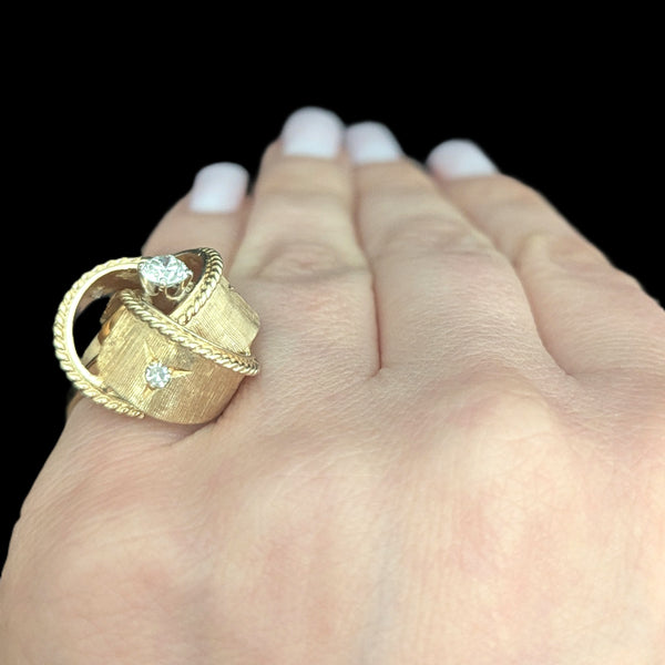 1960s Diamond Yellow Gold Knot Cocktail Ring Vintage Retro Mid Century Estate