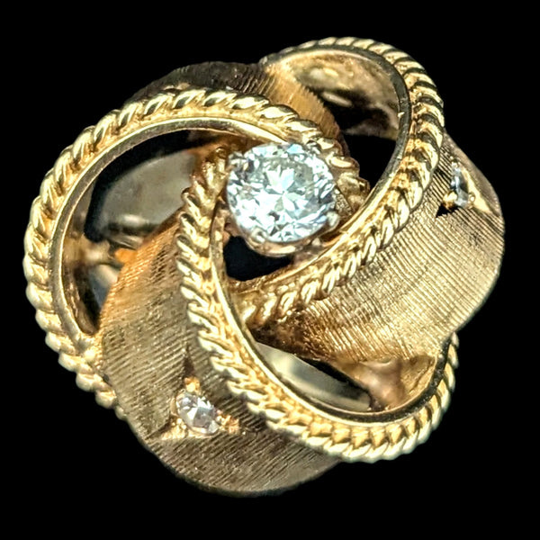 1960s Diamond Yellow Gold Knot Cocktail Ring Vintage Retro Mid Century Estate