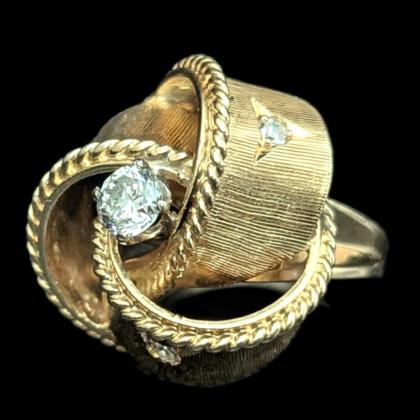 1960s Diamond Yellow Gold Knot Cocktail Ring Vintage Retro Mid Century Estate