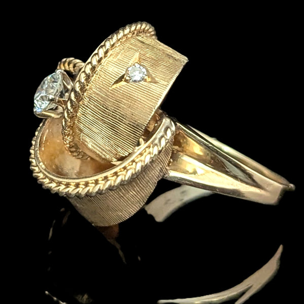 1960s Diamond Yellow Gold Knot Cocktail Ring Vintage Retro Mid Century Estate