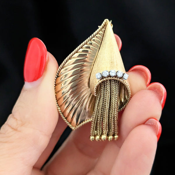 The Jefferson - 1960s Era Diamond 14k Gold Cornucopia Tassel Brooch