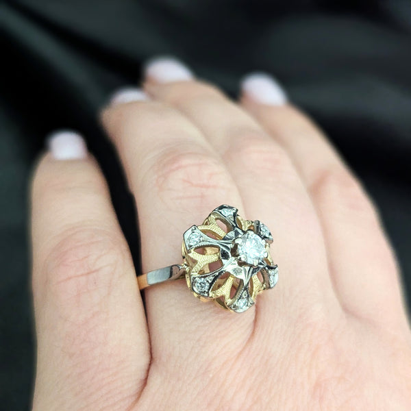 1960s Diamonds 18k Yellow Gold Cocktail Ring Snowflake Vintage Retro Mid Century