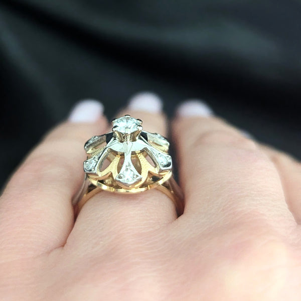 1960s Diamonds 18k Yellow Gold Cocktail Ring Snowflake Vintage Retro Mid Century