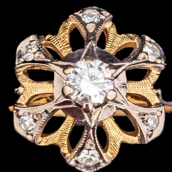 1960s Diamonds 18k Yellow Gold Cocktail Ring Snowflake Vintage Retro Mid Century