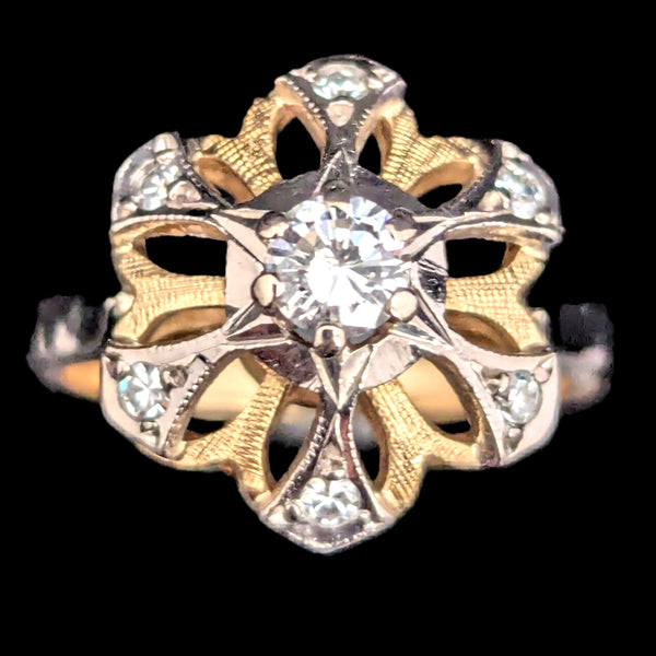 1960s Diamonds 18k Yellow Gold Cocktail Ring Snowflake Vintage Retro Mid Century