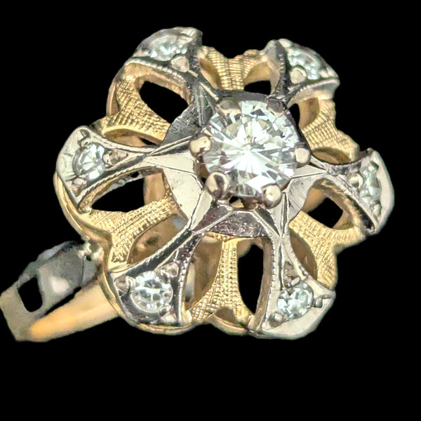 1960s Diamonds 18k Yellow Gold Cocktail Ring Snowflake Vintage Retro Mid Century