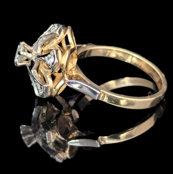 1960s Diamonds 18k Yellow Gold Cocktail Ring Snowflake Vintage Retro Mid Century
