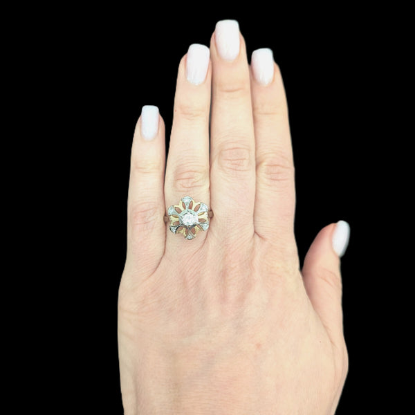 1960s Diamonds 18k Yellow Gold Cocktail Ring Snowflake Vintage Retro Mid Century