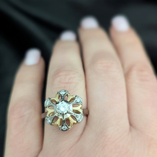 1960s Diamonds 18k Yellow Gold Cocktail Ring Snowflake Vintage Retro Mid Century