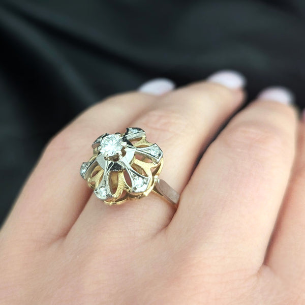 1960s Diamonds 18k Yellow Gold Cocktail Ring Snowflake Vintage Retro Mid Century