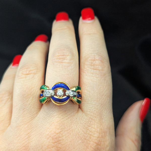 1960s Diamonds Blue Green Enamel 18k Yellow Gold Cocktail Ring Band Link Vintage