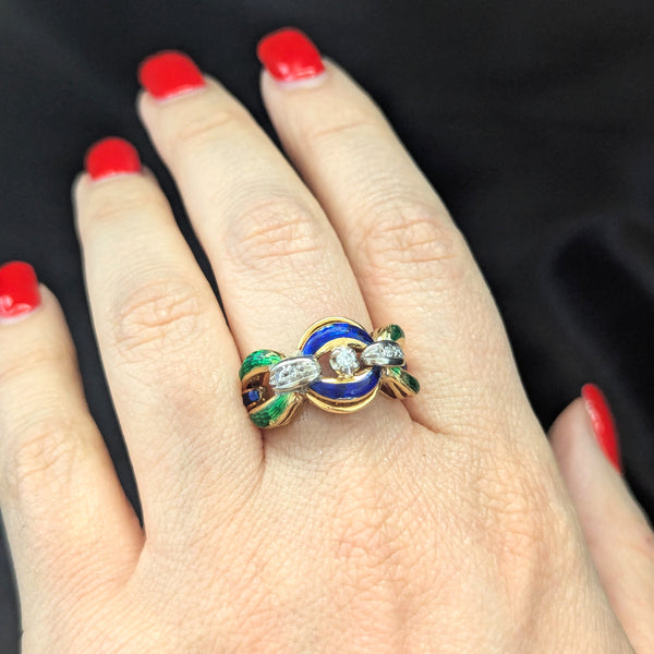 1960s Diamonds Blue Green Enamel 18k Yellow Gold Cocktail Ring Band Link Vintage
