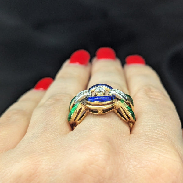 1960s Diamonds Blue Green Enamel 18k Yellow Gold Cocktail Ring Band Link Vintage