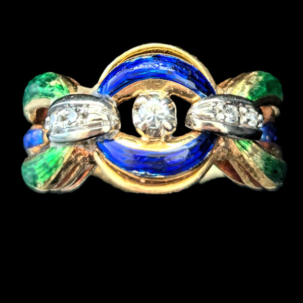 1960s Diamonds Blue Green Enamel 18k Yellow Gold Cocktail Ring Band Link Vintage