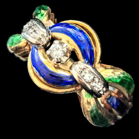 1960s Diamonds Blue Green Enamel 18k Yellow Gold Cocktail Ring Band Link Vintage