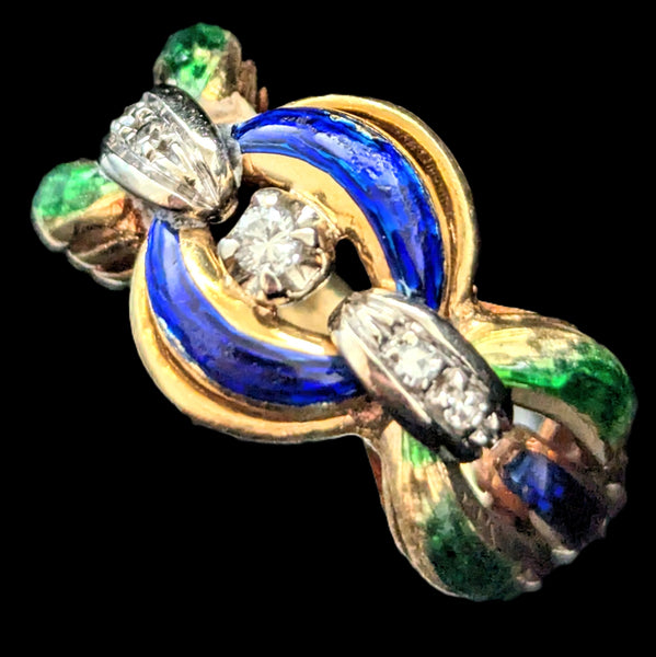1960s Diamonds Blue Green Enamel 18k Yellow Gold Cocktail Ring Band Link Vintage