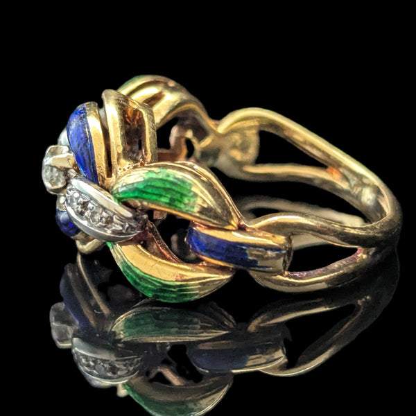 1960s Diamonds Blue Green Enamel 18k Yellow Gold Cocktail Ring Band Link Vintage