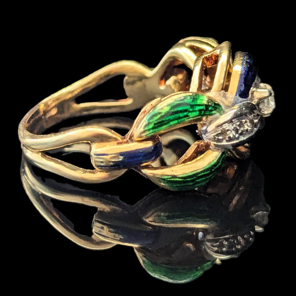 1960s Diamonds Blue Green Enamel 18k Yellow Gold Cocktail Ring Band Link Vintage