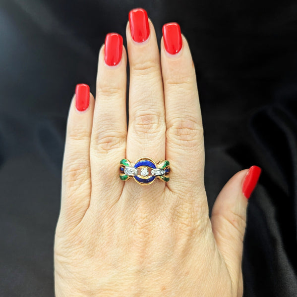 1960s Diamonds Blue Green Enamel 18k Yellow Gold Cocktail Ring Band Link Vintage