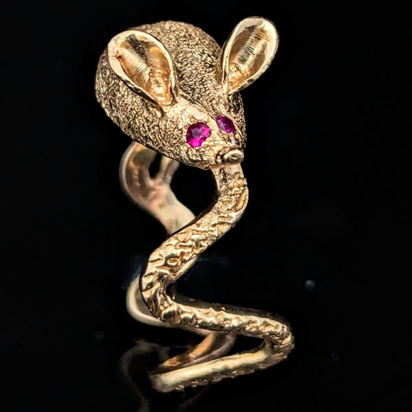 1960s Mouse Ring Rubies 14k Yellow Gold Vintage Retro Estate Cocktail Statement