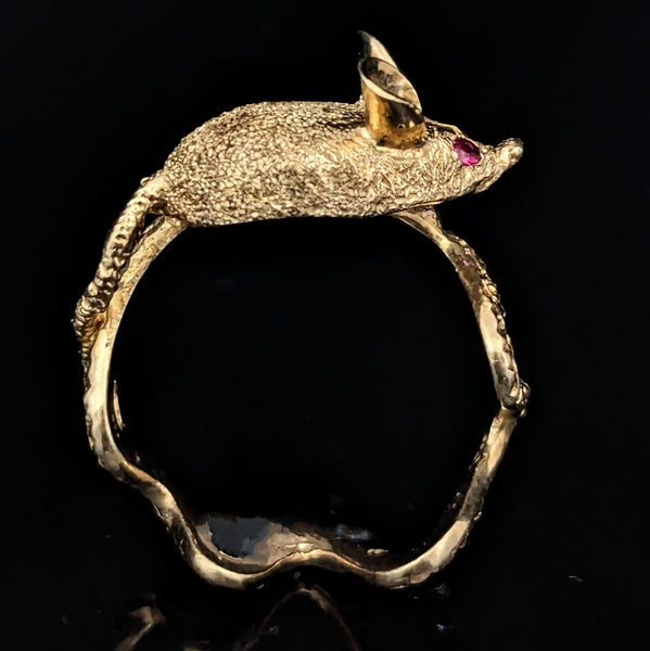 1960s Mouse Ring Rubies 14k Yellow Gold Vintage Retro Estate Cocktail Statement