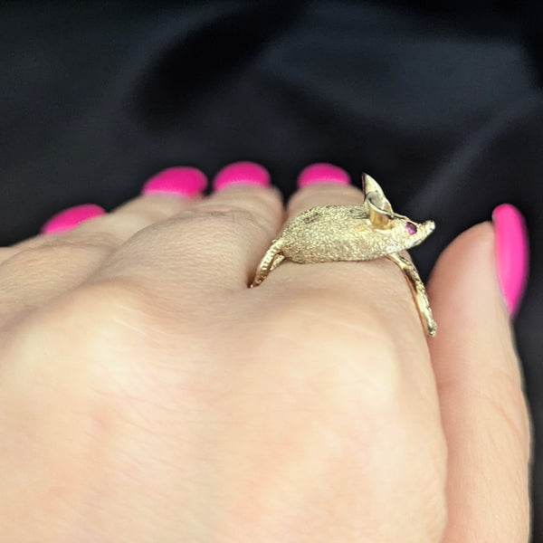 1960s Mouse Ring Rubies 14k Yellow Gold Vintage Retro Estate Cocktail Statement