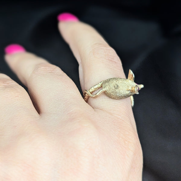 1960s Mouse Ring Rubies 14k Yellow Gold Vintage Retro Estate Cocktail Statement