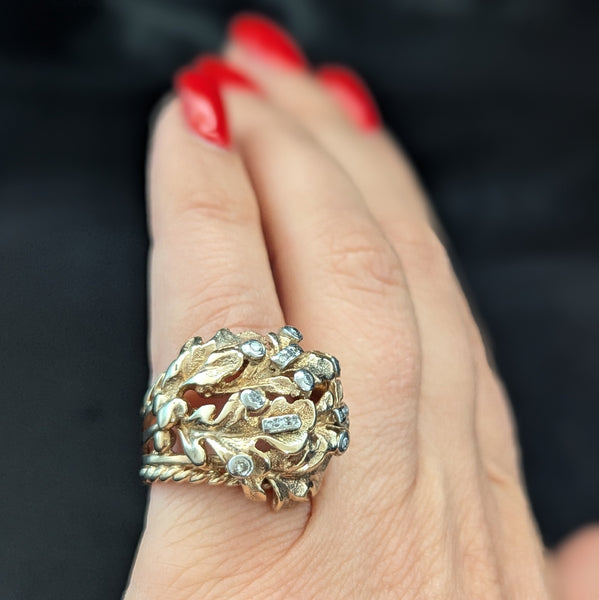 1960s Oak Leaf Motif Diamonds 14k Yellow Gold Cocktail Dome Ring Vintage Retro wendy maker's mark