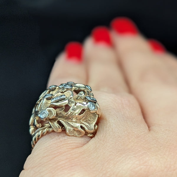 1960s Oak Leaf Motif Diamonds 14k Yellow Gold Cocktail Dome Ring Vintage Retro wendy maker's mark